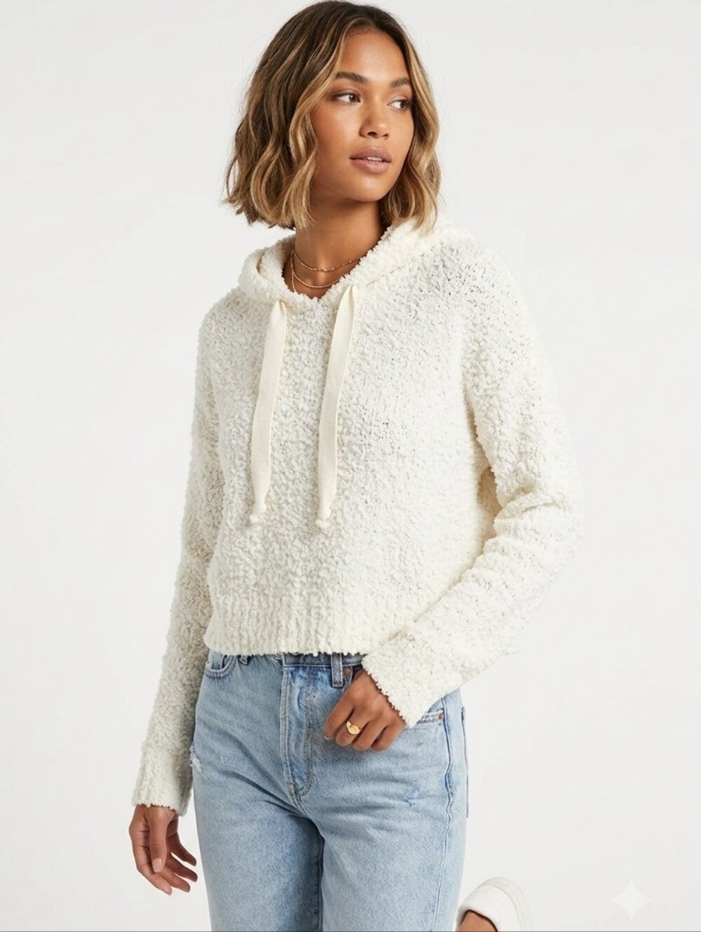 Hooked Up Boucle Cropped Hoodie Sweater Top White Medium
